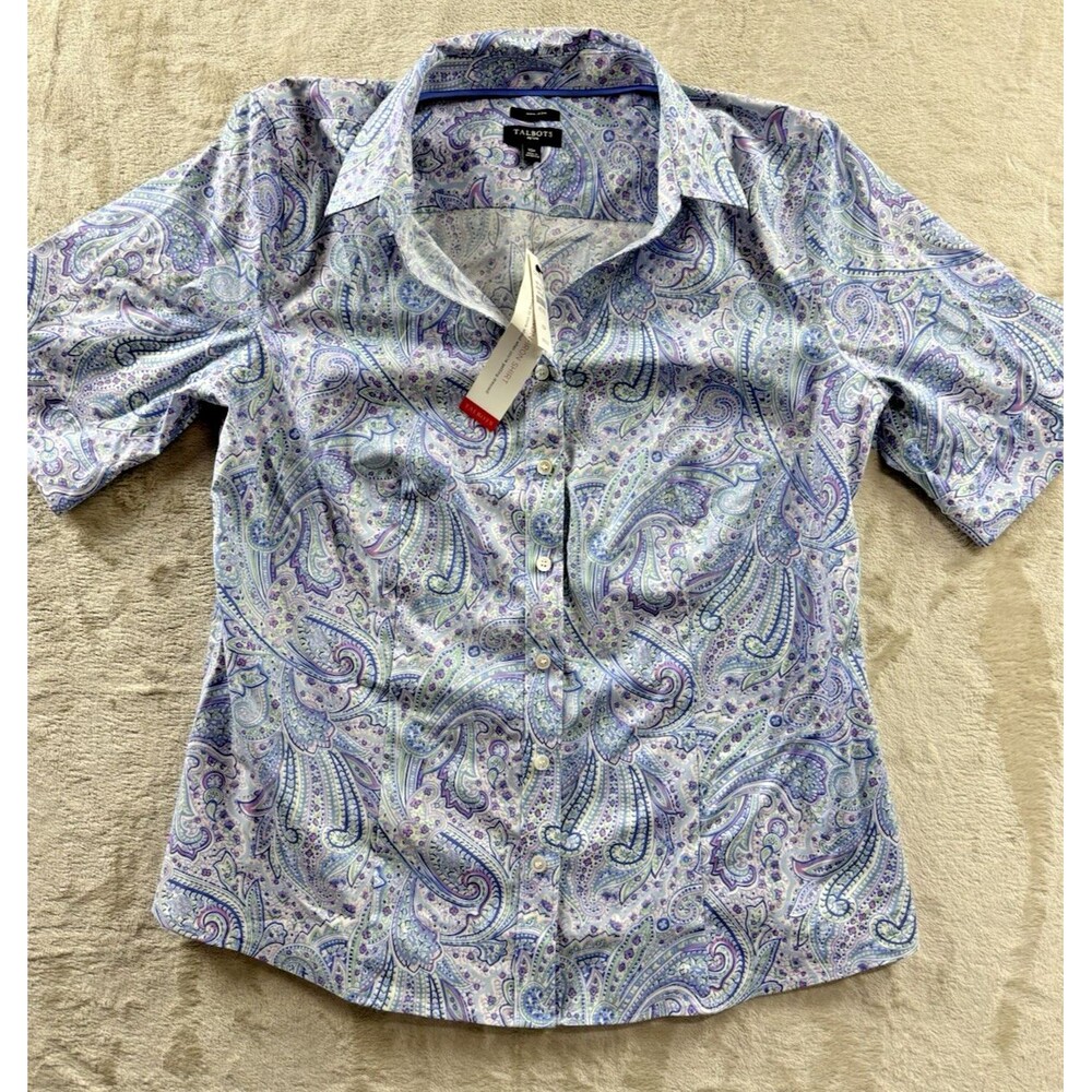 NWT Talbots Shirt Womens 10P Blue Paisley Non-Iron Stretch Short Sleeve Button
